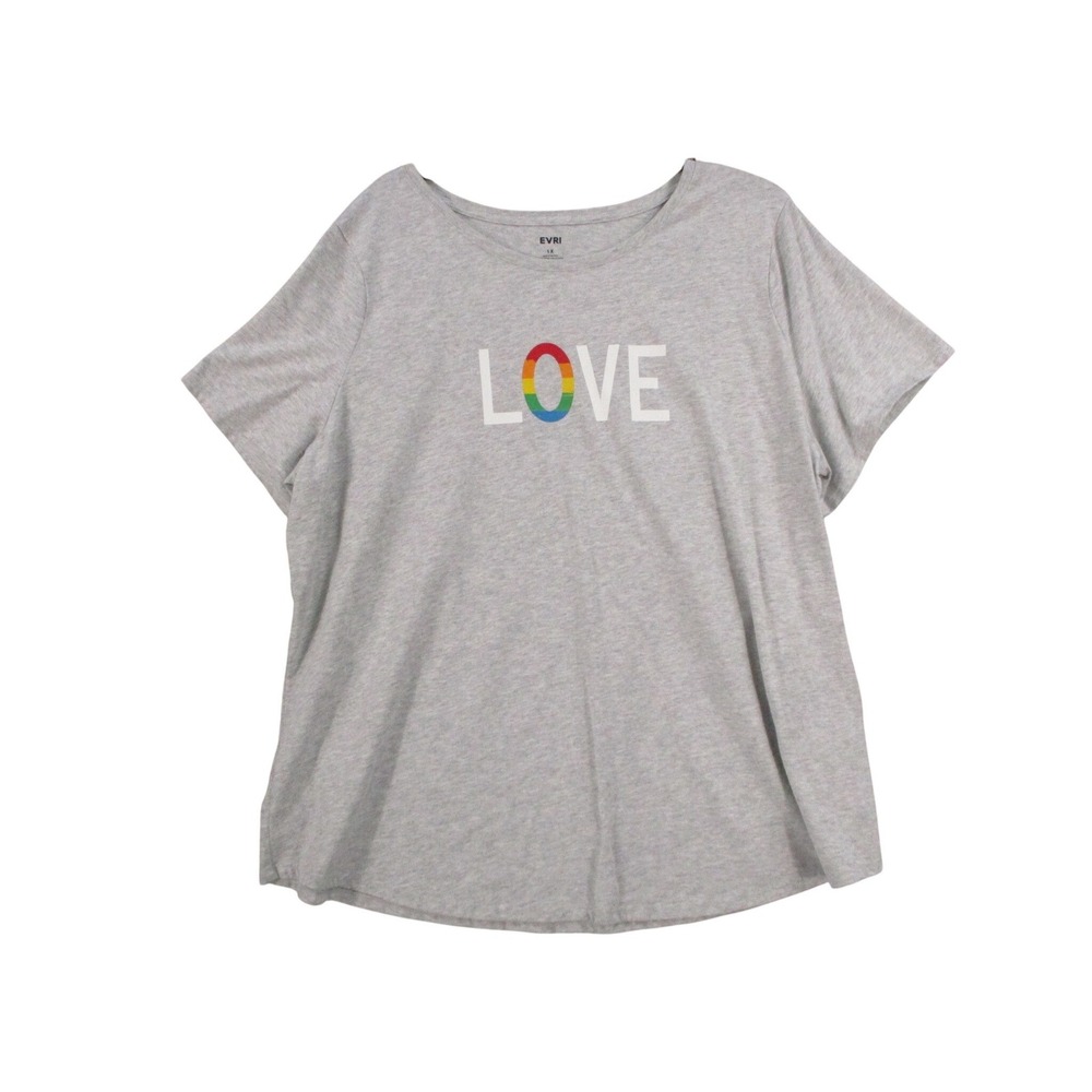 Evri Women Plus Size 1X Gray Love Rainbow Graphic Short Sleeve Scoop Neck TShirt